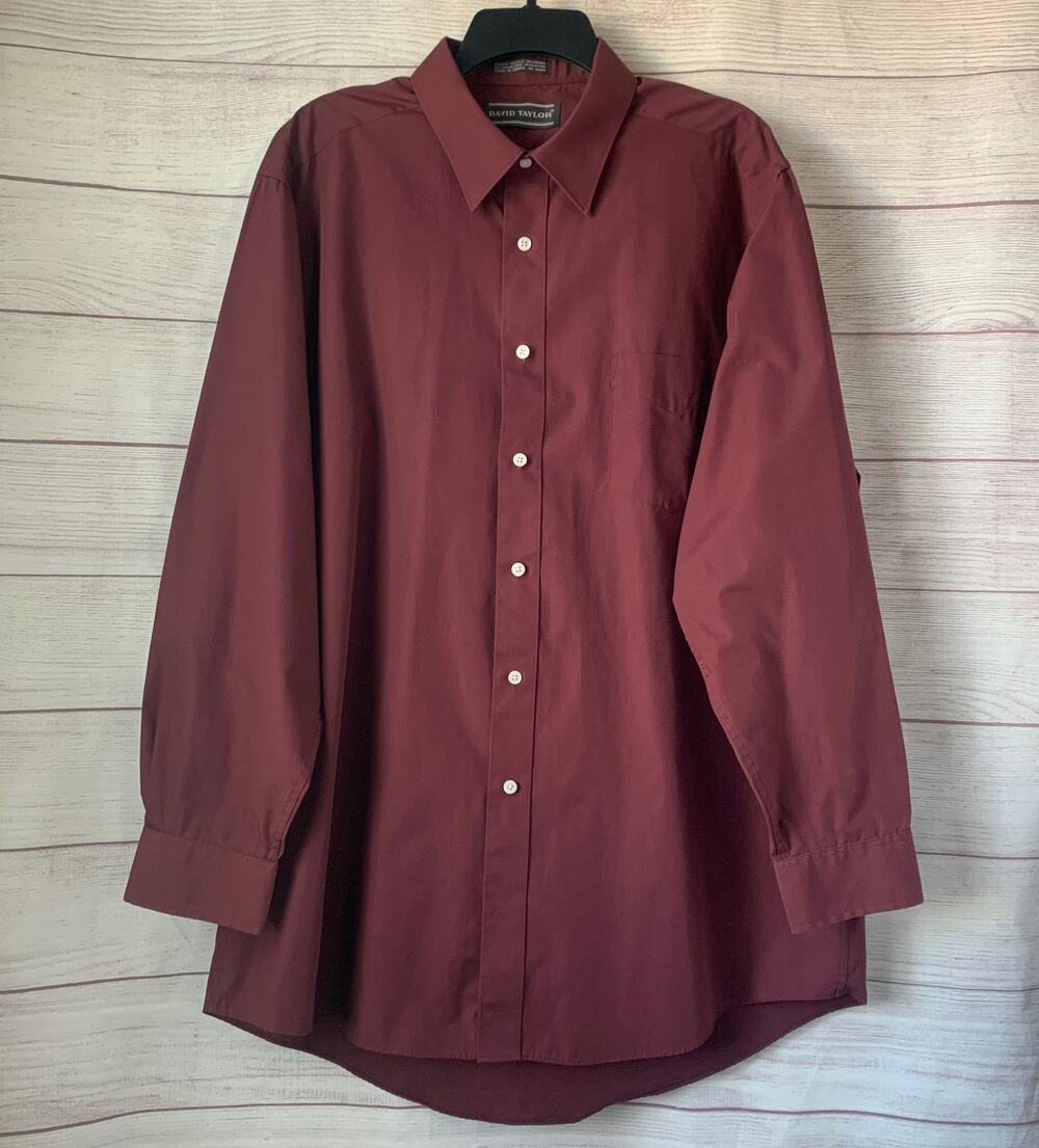 David Taylor Men's Burgundy Button Up Dress Shirt Long Sleeve Size 17 1/2 34/35